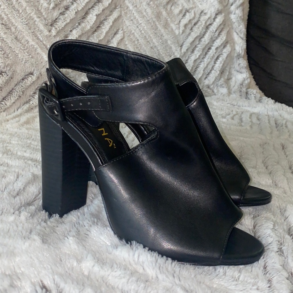 Open Toe Black Buckle Heels